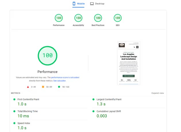 Google PageSpeed Insights report showing 100 scores for Performance, Accessibility, Best Practices, and SEO on a Cardwell Web Design & Marketing build