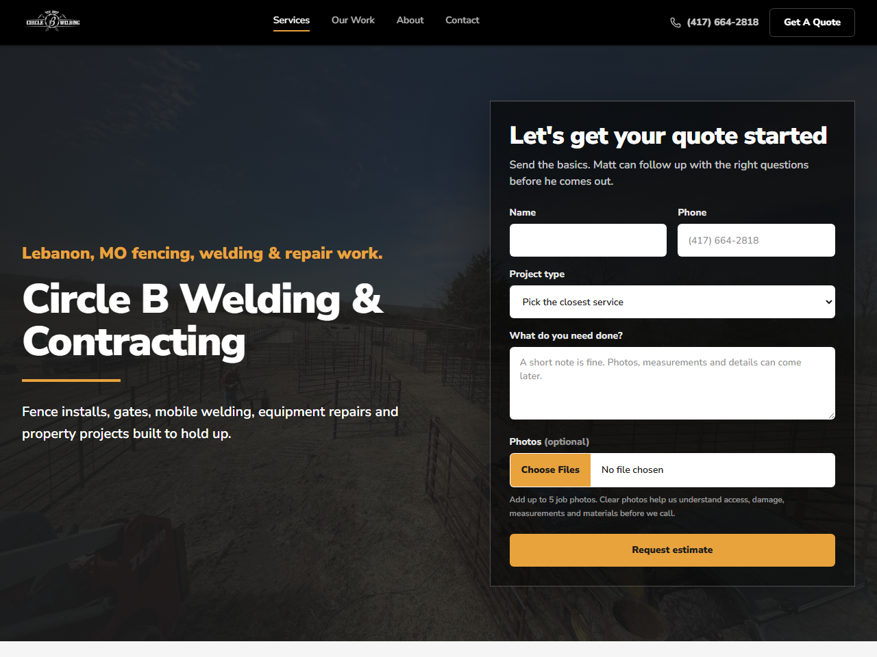Circle B Contracting website homepage