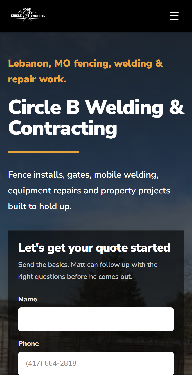 Circle B Contracting website displayed on a phone mockup