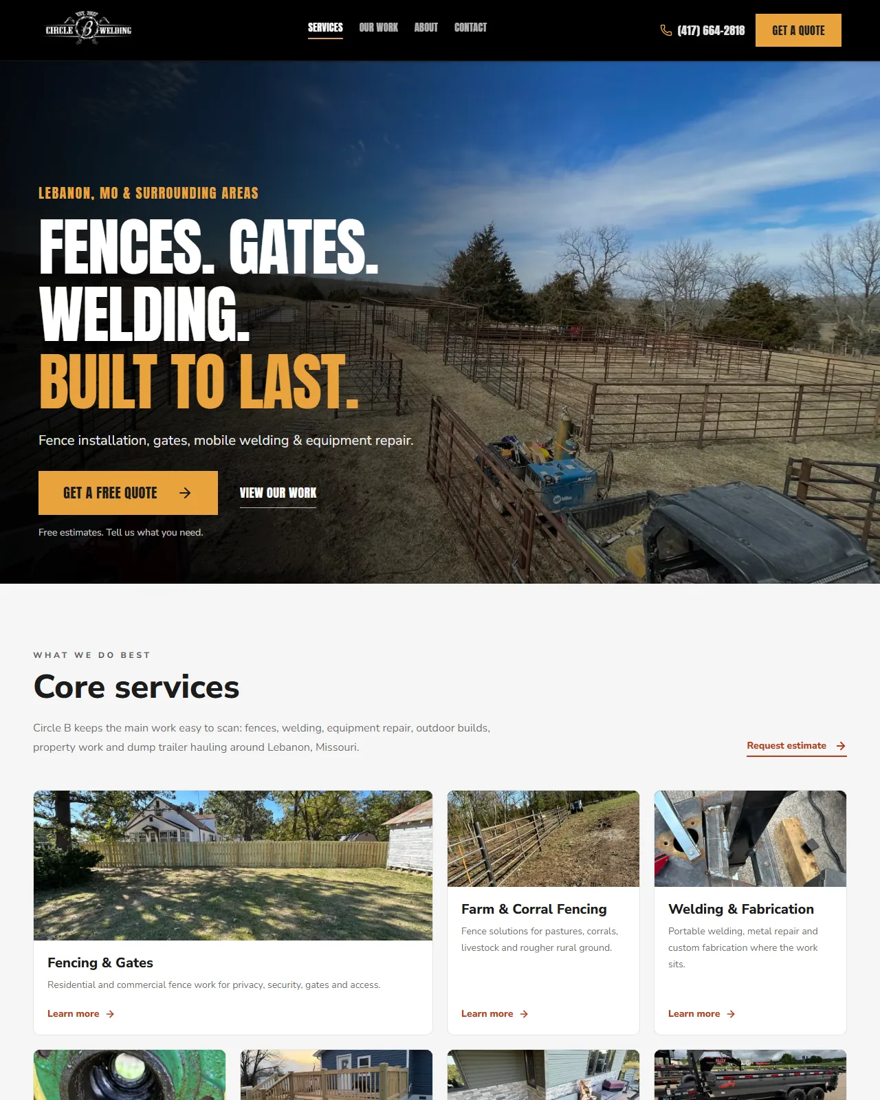 Circle B Contracting website showing services and quote-request content