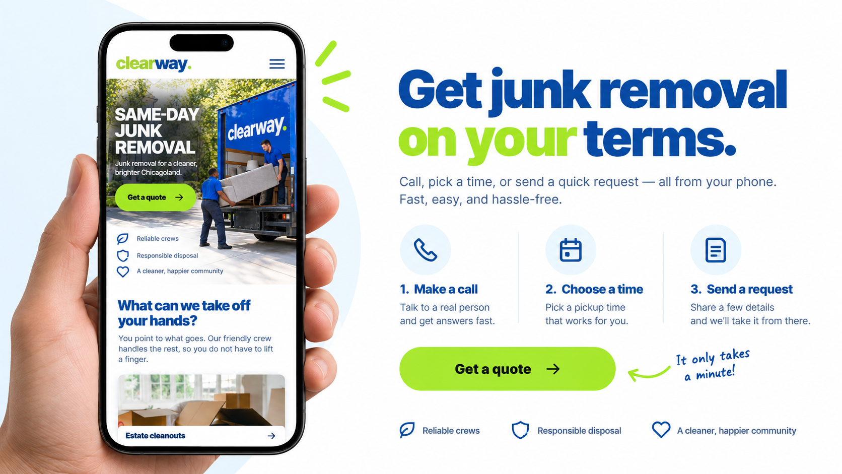 Mobile junk removal website concept with call, pickup, and quote actions
