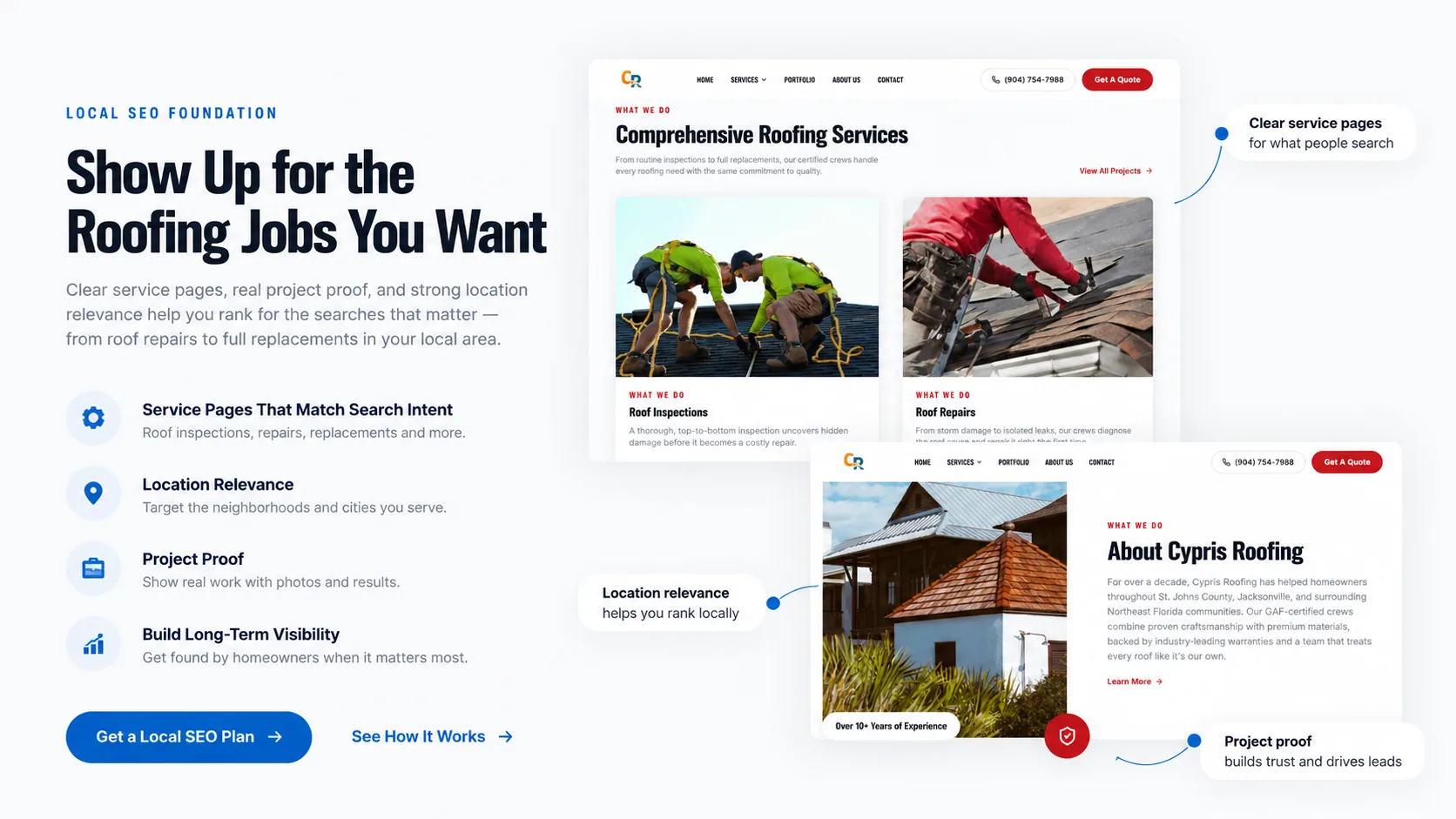 Roofing website concept showing service pages and local search strategy