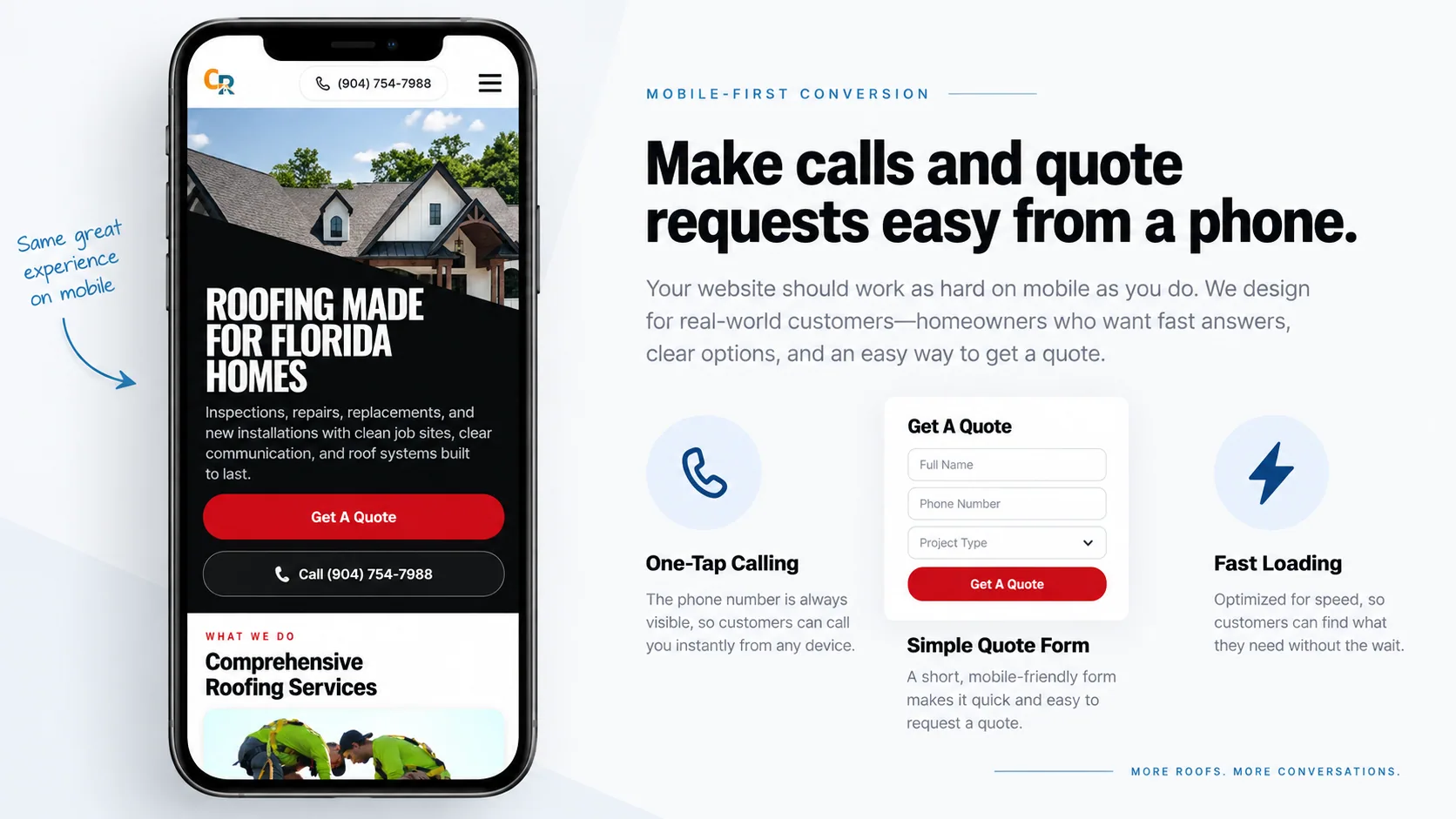 Mobile roofing website concept with call and quote actions