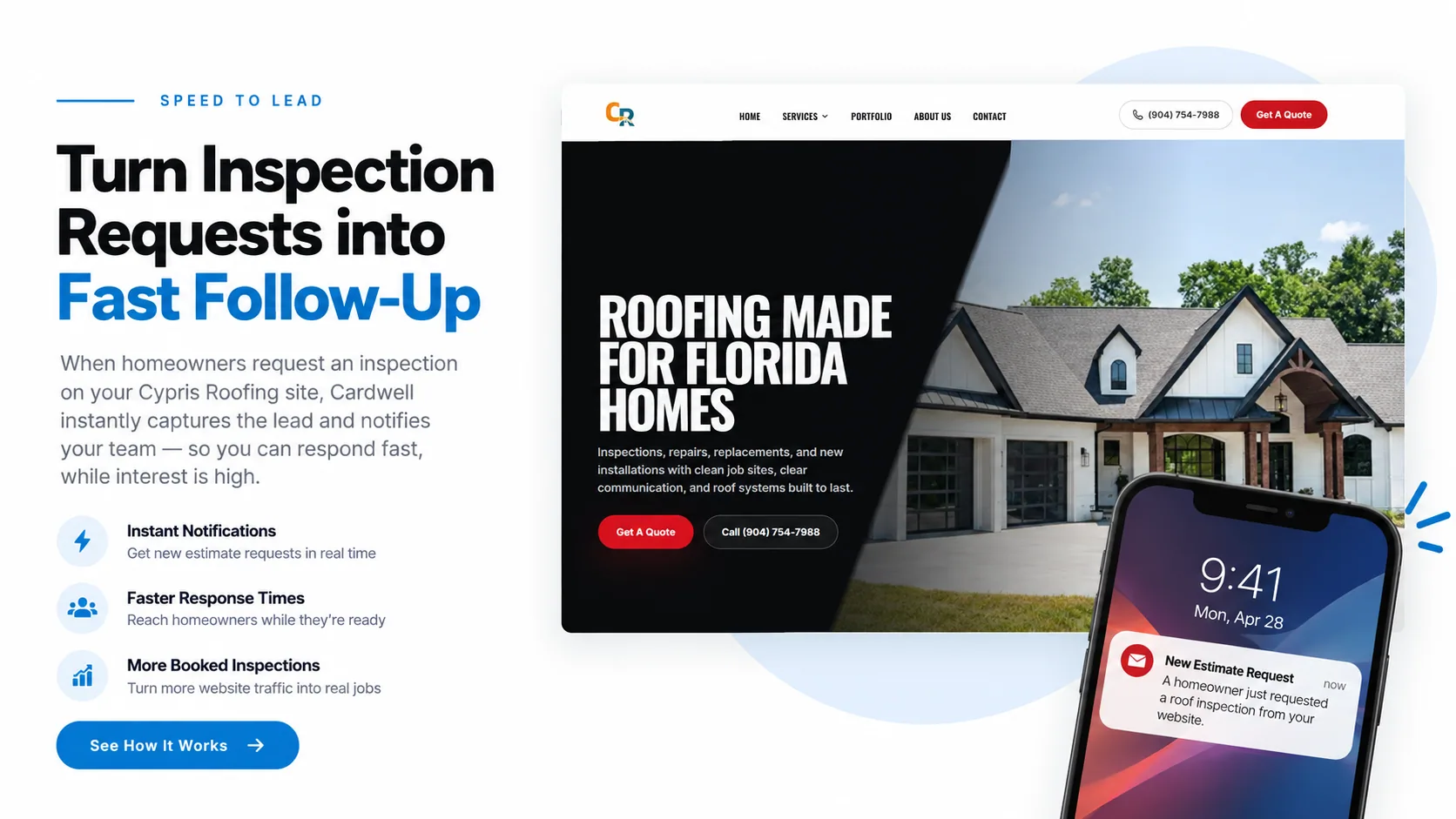 Roofing website concept showing a new estimate notification on a phone