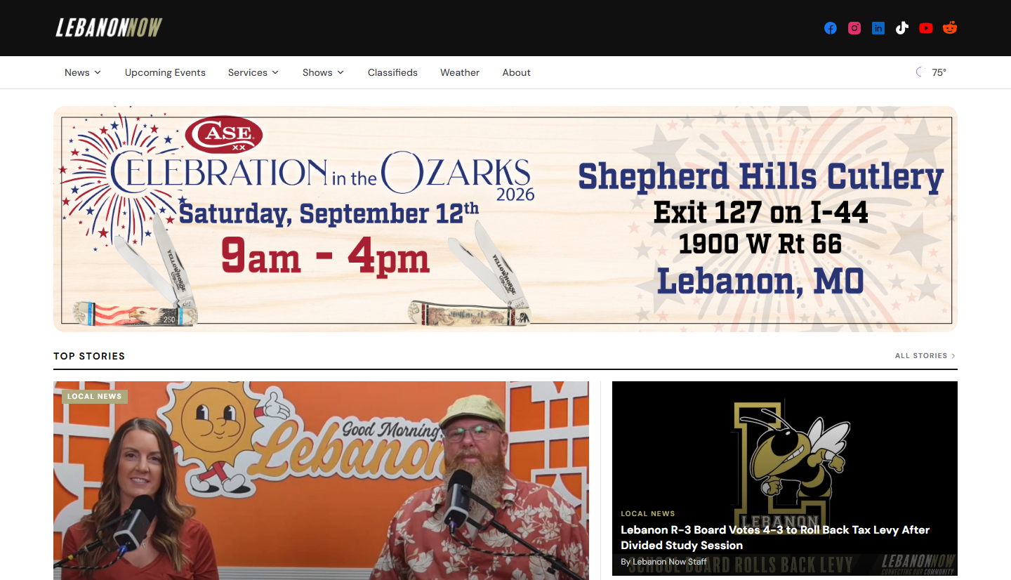LebanonMoNow homepage displaying local news and community content