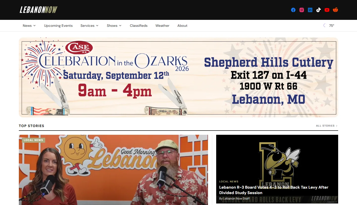 Delivered LebanonMoNow homepage showing news and community content